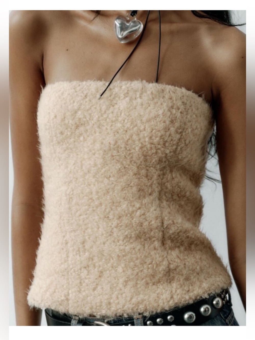 ZARA Tan Faux Fur Strapless Tube Crop Top